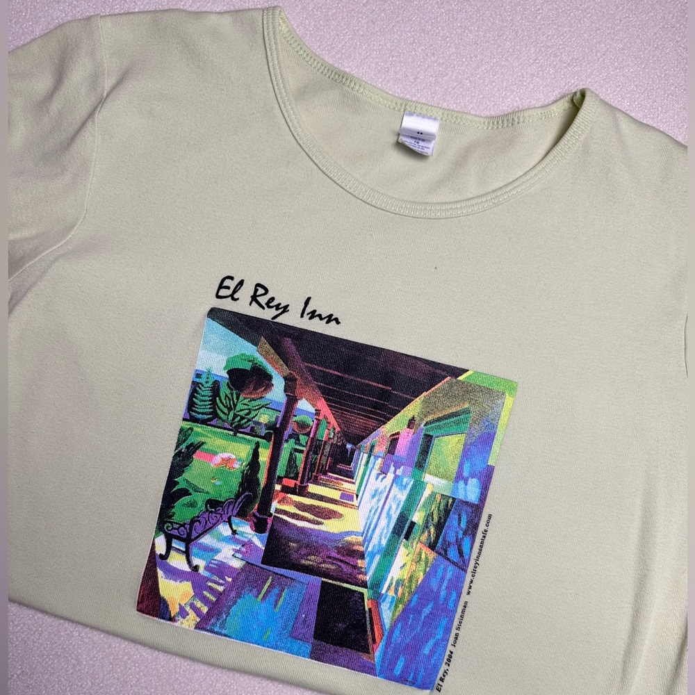 Y2K Art Baby Tee | El Rey Inn 2004 Joan Steinman Graphic Tee in Light Green XL